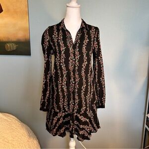 FREE PEOPLE Black Floral Long-sleeve Button-down Ruffled Dress - XS